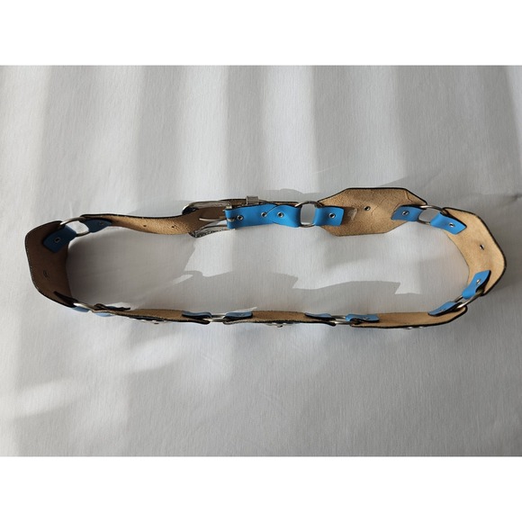 Vtg Blue Leather Octagon Concho Western Boho Hippie Silver Buckle Belt - Picture 5 of 11